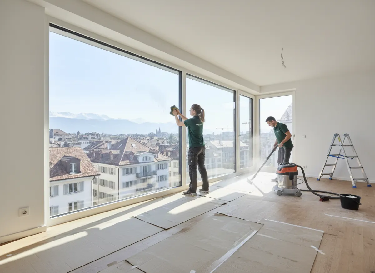 Team von DS Cleanservice bei der Bauendreinigung einer neu gebauten Wohnung in Zürich mit Industriesauger und Fensterreinigung