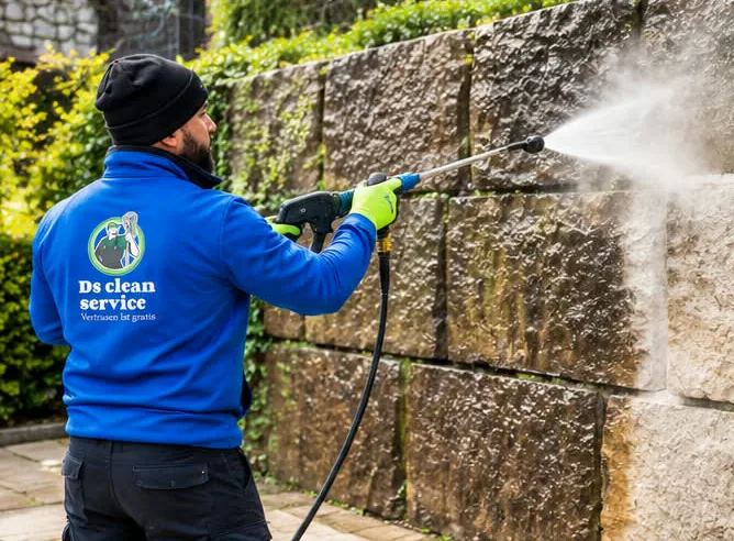 Mitarbeiter von DS Cleanservice reinigt eine bemooste Natursteinmauer mit dem Hochdruckreiniger