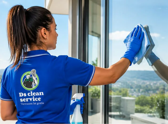 Mitarbeiterin von DS Cleanservice im blauen Polo reinigt eine grosse Fensterfront mit Mikrofasertuch, im Hintergrund die Hügel über Zürich