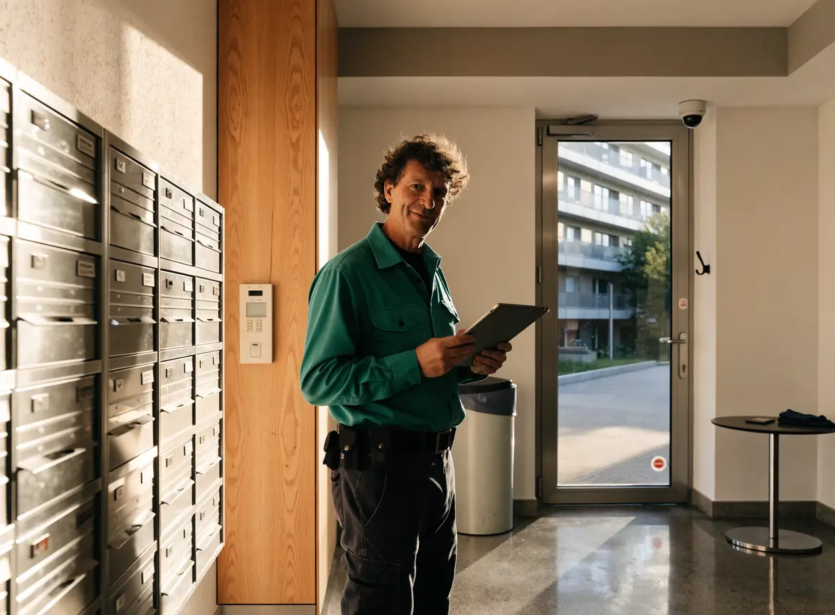 Hauswart kontrolliert mit Tablet den Eingangsbereich eines modernen Wohnhauses