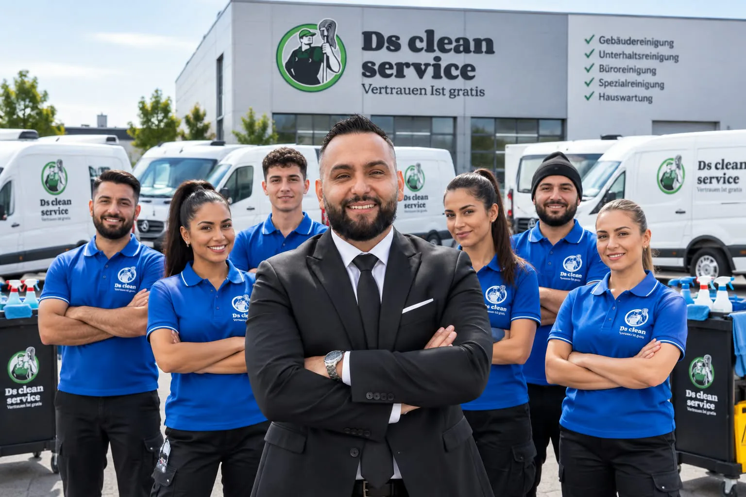 Dehran Dzeladini mit dem Team von DS Cleanservice in blauen Poloshirts vor den Servicefahrzeugen und dem Firmengebäude