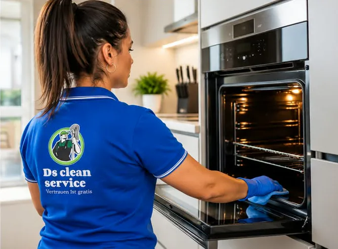 Mitarbeiterin von DS Cleanservice reinigt bei einer Spezialreinigung den Backofen in einer modernen Küche