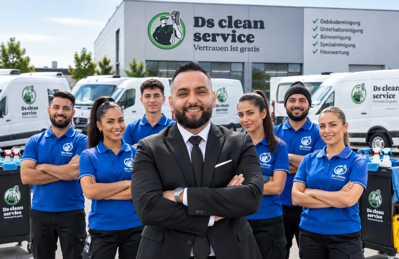 Das Team von DS Cleanservice in blauen Poloshirts vor den Servicefahrzeugen und dem Firmengebäude